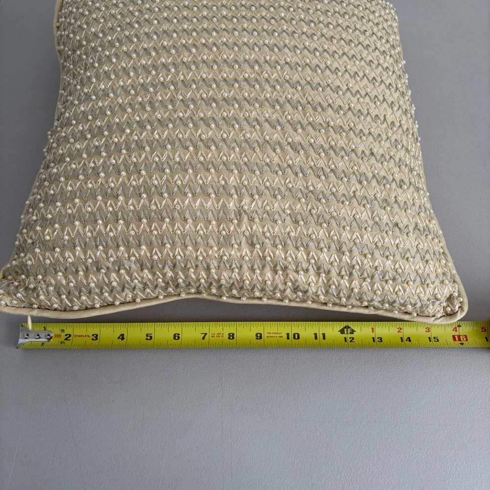 Gold Beaded Chevron Silk Throw Pillow Faux Pearl‎ Embroidered Square Accent 16in